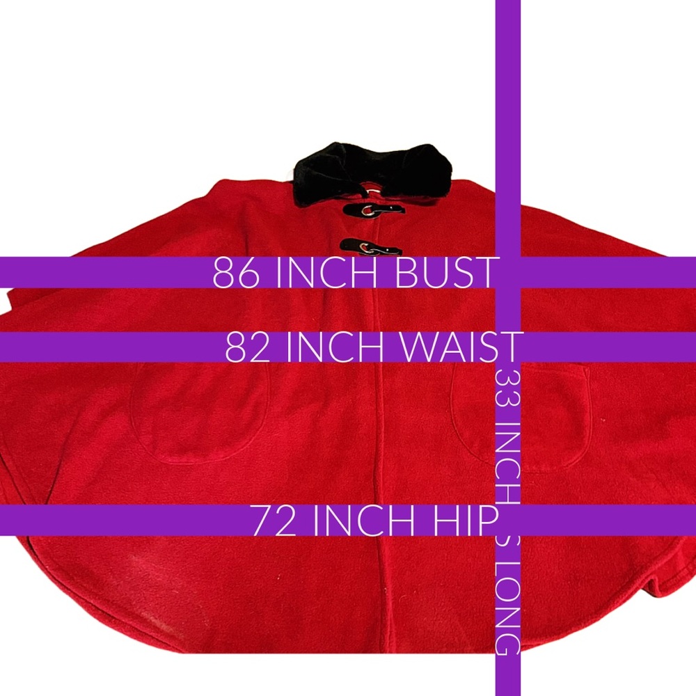 LE MODA RED FLEECE W/BLACK FAUX FUR COLLAR PONCHO (OSFM) - Picture 12 of 13